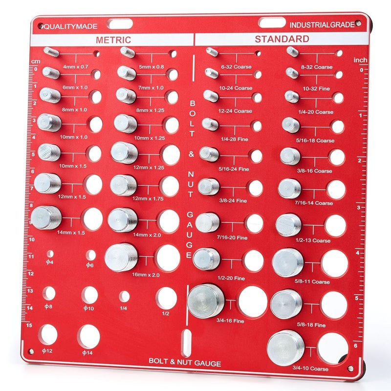 DRIRON 42 Nut and Bolt Thread Checker, 15 Metric & 19 Standard & 8 Drill Bit Gauge, Wall-Mountable Bolt Thread Identifier Gauge with Inch & Cm Ruler - Image 1